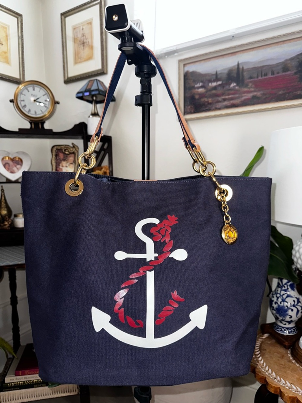 Tommy Hilfiger Navy Tote with White Anchor and Red Accent
